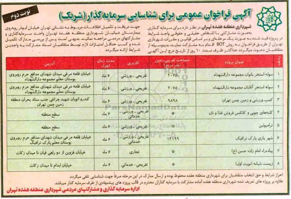 آگهی فراخوان عمومی , فراخوان عمومی شناسایی سرمایه گذار نوبت دوم