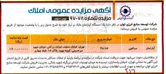 مزایده, مزایده املاک مازاد با کاربری مسکونی 48/86 نوبت دوم