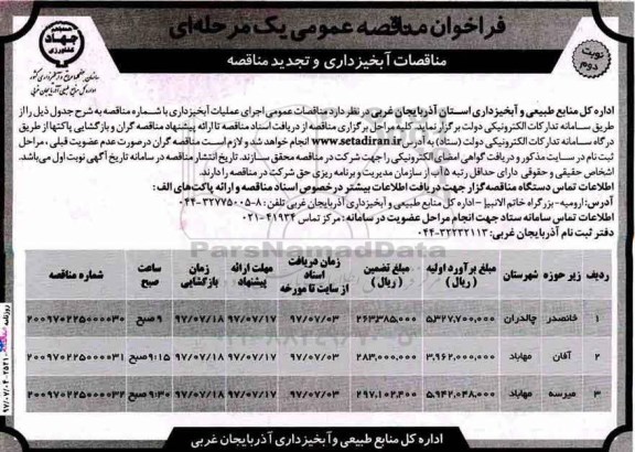 فراخوان مناقصه عمومی یک مرحله‌ای, تجدید فراخوان اجرای عملیات آبخیزداری  - نوبت دوم 