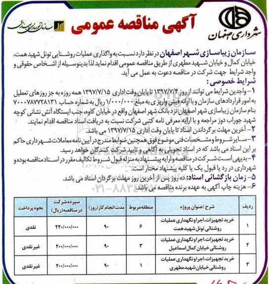 آگهی مناقصه عمومی, مناقصه واگذاری عملیات روشنایی تونل...