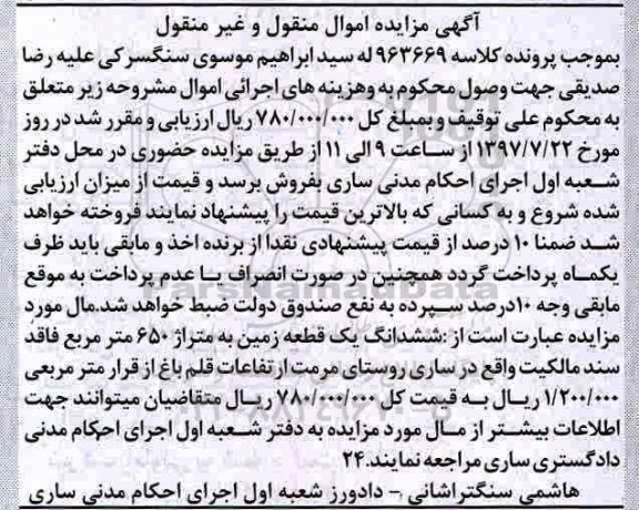 مزایده،مزایده ششدانگ یک قطعه زمین به متراژ 650 مترمربع 