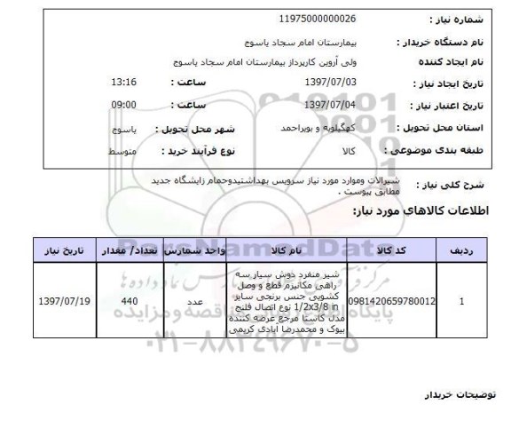 استعلام, استعلام شیرآلات و موارد نیاز سرویس بهداشتی و...