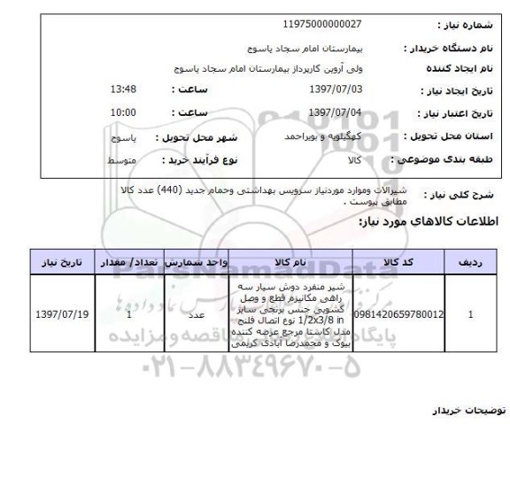 استعلام, استعلام شیرآلات و موارد مورد نیاز سرویس بهداشتی و حمام ...