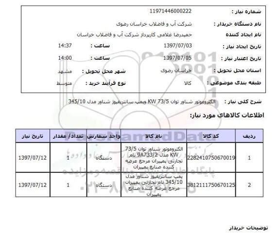 استعلام, الکتروموتور شناور توان KW 73.5 و پمپ سانترفیوژ شناور مدل 345.10