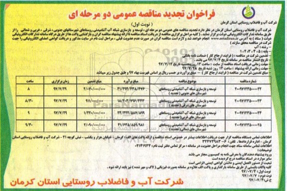 تجدید فراخوان مناقصه عمومی دو مرحله ای, تجدید فراخوان مناقصه توسعه و بازسازی شبکه آب آشامیدنی