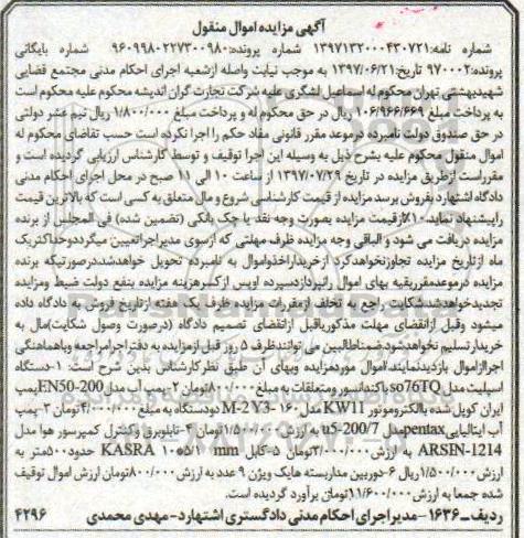 مزایده،مزایده دستگاه اسپلیت - پمپ آب