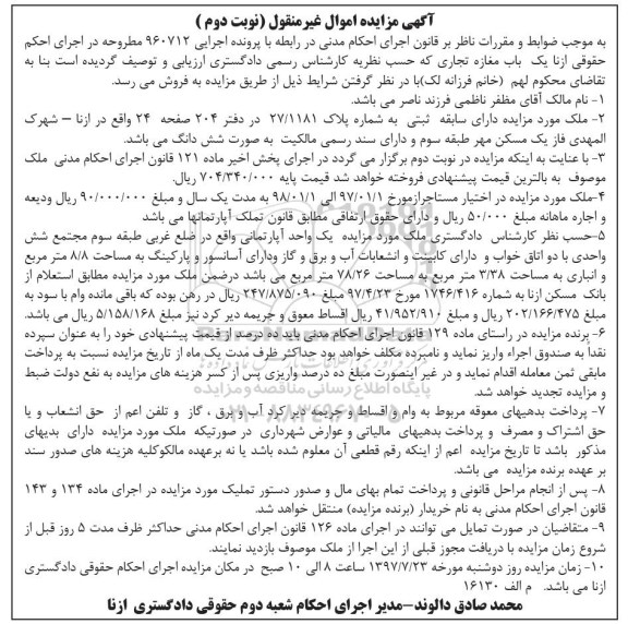 مزایده،مزایده یک باب مغازه تجاری