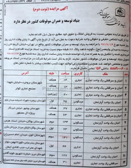 مزایده,مزایده فروش املاک کاربری تجاری ، مسکونی نوبت دوم