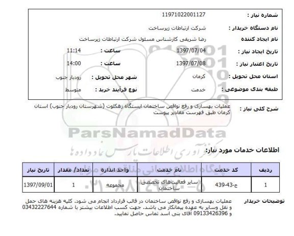 استعلام, استعلام عملیات بهسازی و رفع نواقص ساختمان ایستگاه