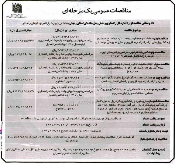 مناقصه عمومی, مناقصه عمومی  عملیات ترمیم  قرنیز و نصب نرده و اصلاح سیستم زهکشی پل های آزاد راه  و...