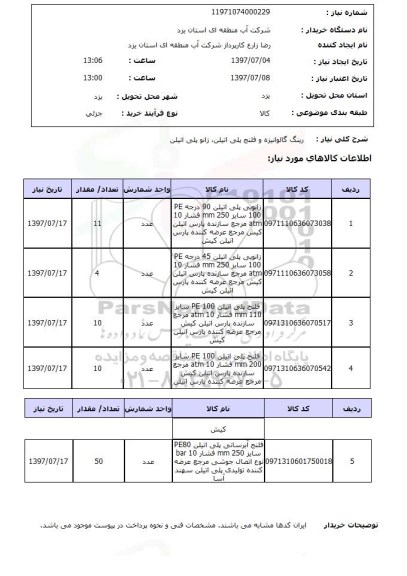 استعلام, رینگ گالوانیزه و فلنج پلی اتلین، زانو پلی اتیلن 