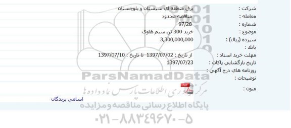 مناقصه, مناقصه خرید 300 تن سیم هاوک