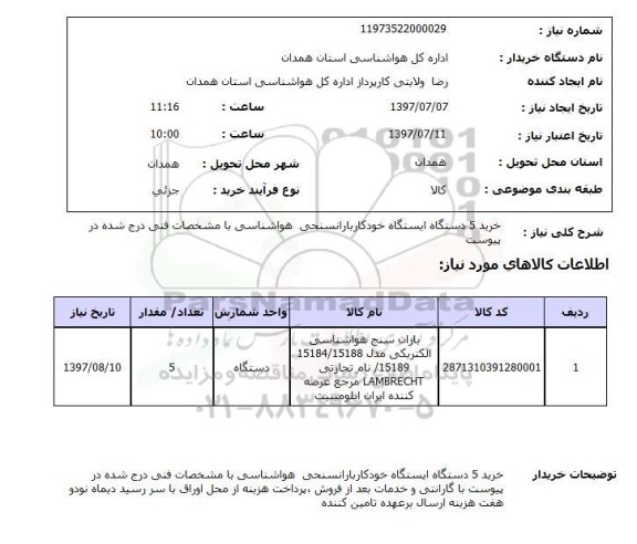 استعلام,استعلام خرید 5 دستگاه ایستگاه خودکار بارانسنحی هواشناسی