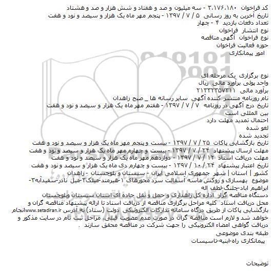 مناقصه، مناقصه بهسازی و روکش ماسه آسفالت سرد محورها...