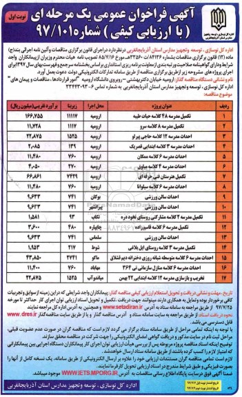 آگهی فراخوان عمومی یک مرحله ای , مناقصه تکمیل مدرسه 48 کلاسه...