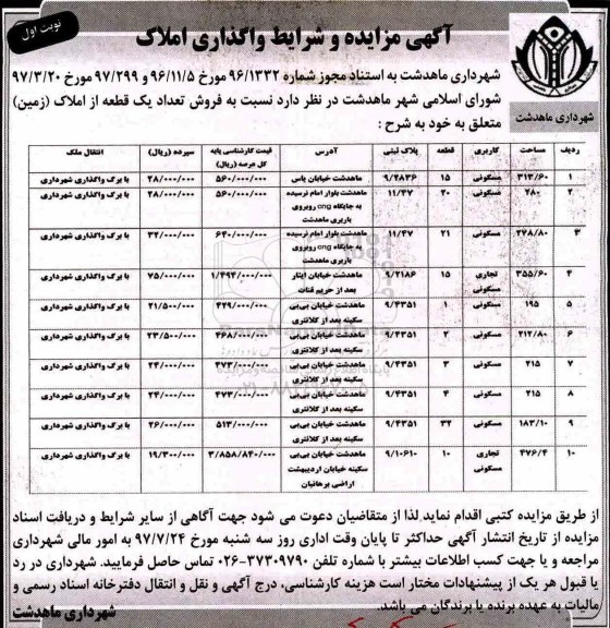 مزایده ،مزایده فروش تعداد یک قطعه از املاک کاربری مسکونی و تجاری