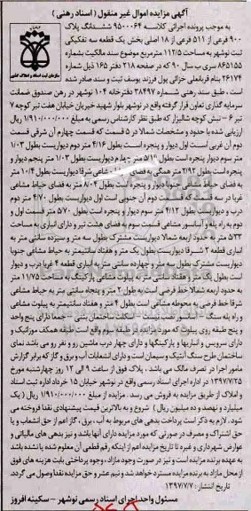 مزایده،مزایده ششدانگ پلاک 900 فرعی 112.5 مترمربع