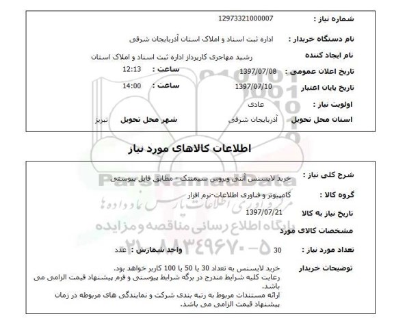 استعلام, خرید لایسنس آنتی ویروس سیمنتک