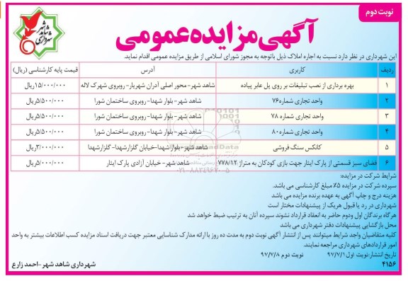 آگهی مزایده عمومی , مزایده اجاره املاک نوبت دوم 
