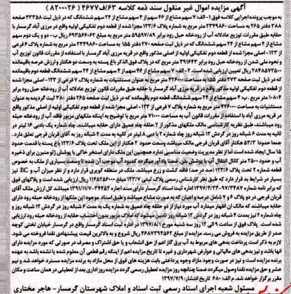 مزایده ،مزایده 7 سهم مشاع از 46 سهم از 4 سهم مشاع از 24 سهم 