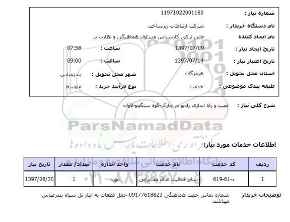 استعلام,استعلام نصب و راه اندازی رادیو در چارک - کوه سنگچو- لاوان 