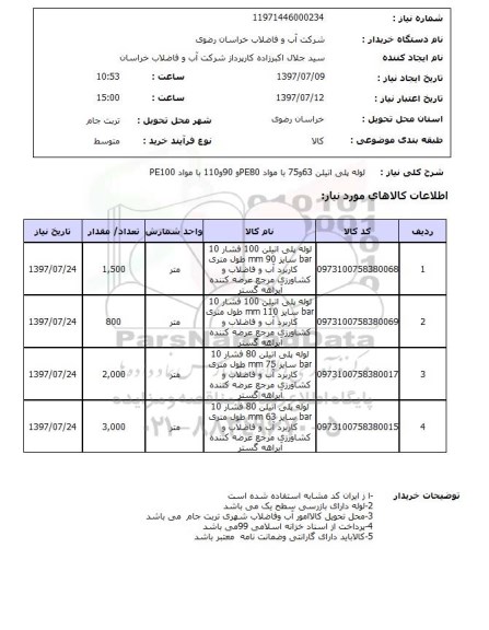 استعلام , استعلام  لوله پلی اتیلن 63 و 75 با مواد PE80  ...