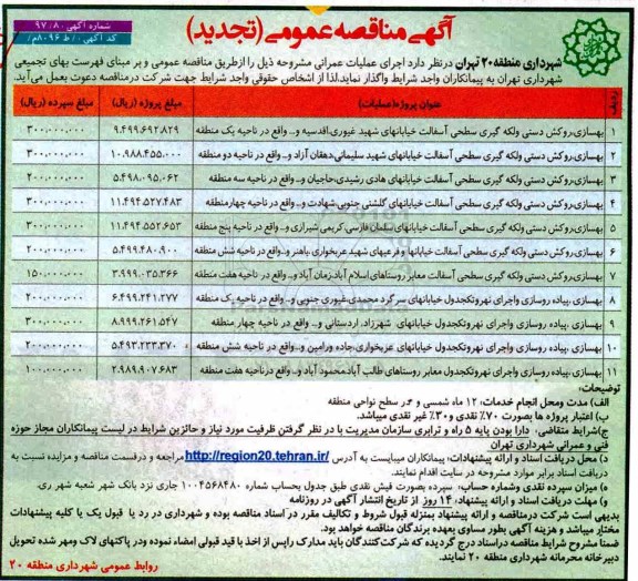 آگهی مناقصه عمومی تجدید , مناقصه بهسازی، روکش دستی و لکه گیری سطحی آسفالت تجدید
