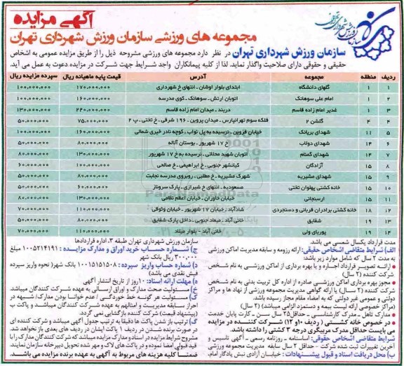 آگهی مزایده , مزایده مجموعه های ورزشی