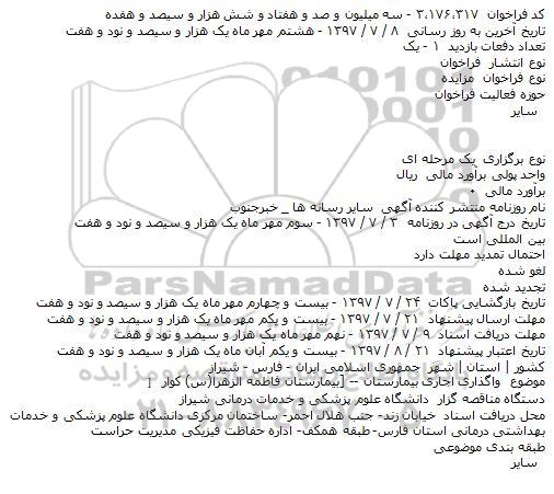 مزایده, فراخوان واگذاری اجاری بیمارستان فاطمه الزهرا (س)