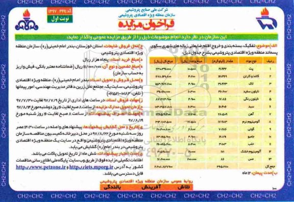 مزایده فروش تفکیک، بسته بندی و خروج اقلام ضایعاتی زباله های شهری سکوی پسماند 97.7.9
