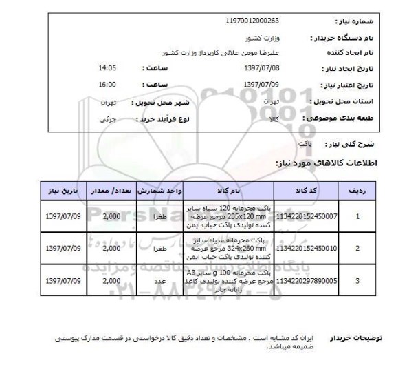استعلام, پاکت 