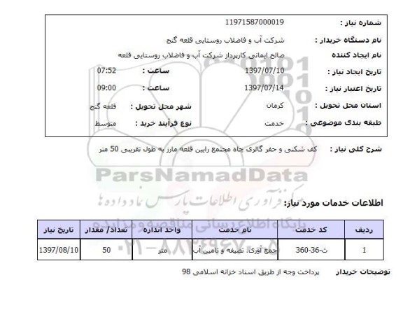 استعلام,استعلام کف شکنی و حفرگالری چاه مجتمع رابین قلعه مارز به طول تقریبی 50 متر 