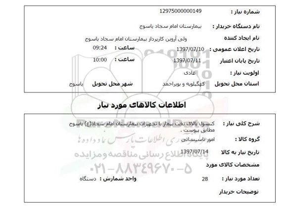 استعلام, کنسول بالای تخت بیمار با تجهیزات 
