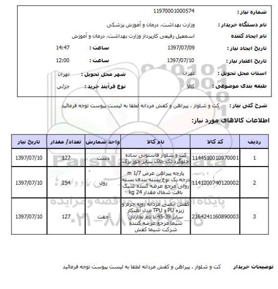 استعلام, استعلام کت و شلوار، پیراهن و کفش مردانه