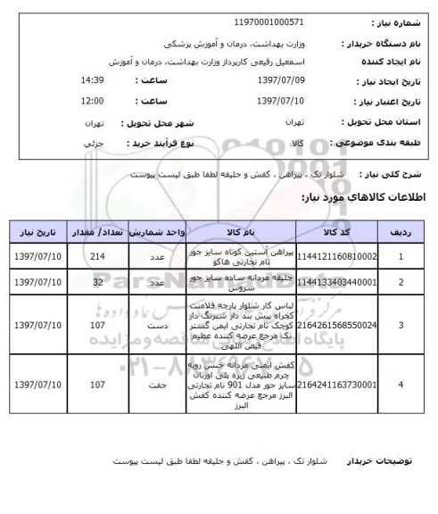 استعلام, استعلام شلوار تک ، پیراهن ، کفش و جلیقه