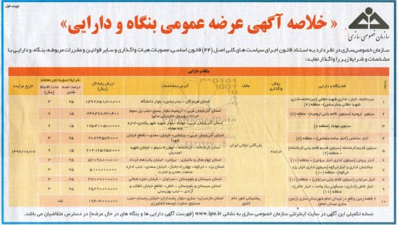 مزایده عمومی, مزایده واگذاری سردخانه، سیلو، انبار و دو قطعه زمین