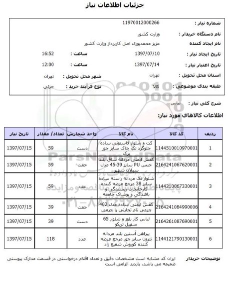 استعلام, کت و شلوار، کفش ایمنی و ..