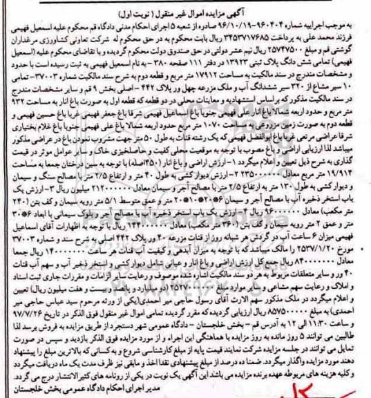 مزایده ششدانگ پلاک ثبتی 13923 به مساحت 17912 مترمربع