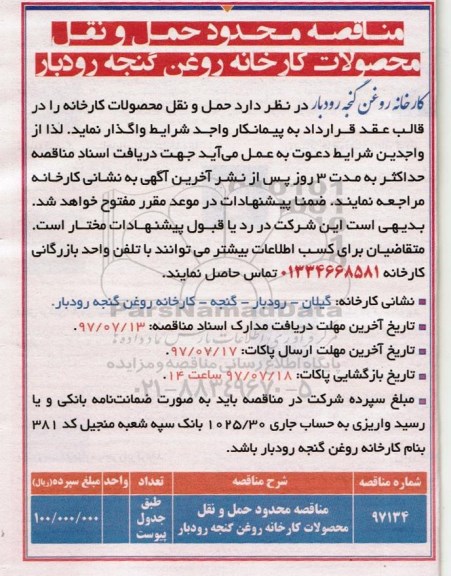 مناقصه, مناقصه محدود حمل و نقل محصولات کارخانه روغن