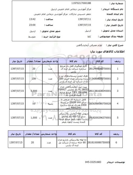 استعلام ، استعلام لوزام مصرفی ازمایشگاهی 