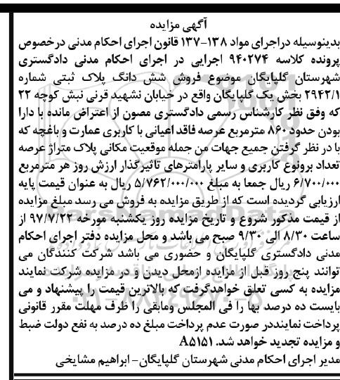 مزایده, مزایده ششدانگ پلاک ثبتی بخش یک 