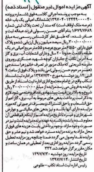 مزایده, مزایده ششدانگ اعیانی یکبابخانه عرصه 65.50متر