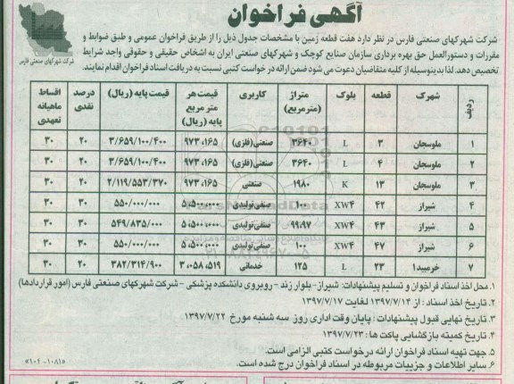 مزایده, فراخوان هفت قطعه زمین 