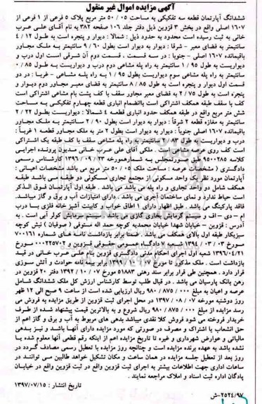 مزایده,مزایده ششدانگ آپارتمان قطعه سه تفکیکی 50.05متر