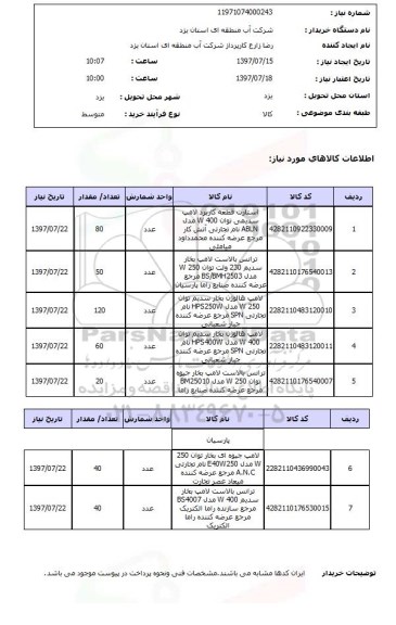 استعلام, استعلام استارت قطعه کاربرد لامپ سدیمی