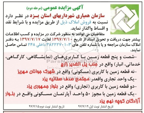 مزایده, مزایده واگذاری فروش املاک نقد و اقساط مرحله دوم 