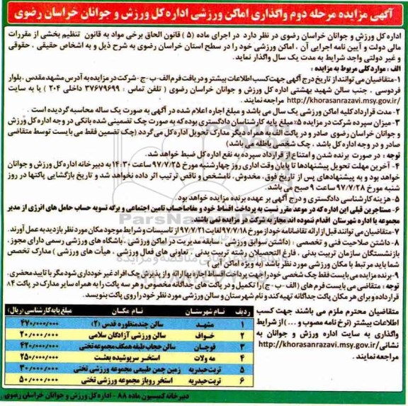 آگهی مزایده,مزایده واگذاری اماکن ورزشی
