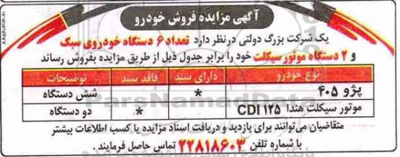 مزایده ، مزایده تعداد 6 دستگاه خودروی سبک ...