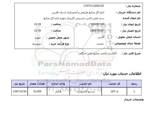 استعلام, کاداستر اراضی منابع ملی جنگلی 