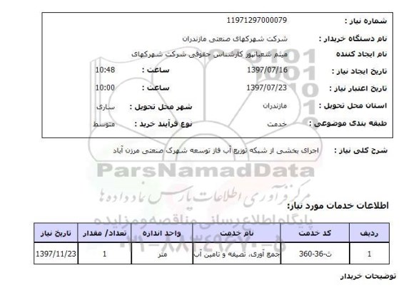 استعلام,استعلام اجرای بخشی از شبکه توزیع آب فاز توسعه شهرک صنعتی مرزن آباد 